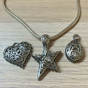 Long Silver Necklace with Three Pendants